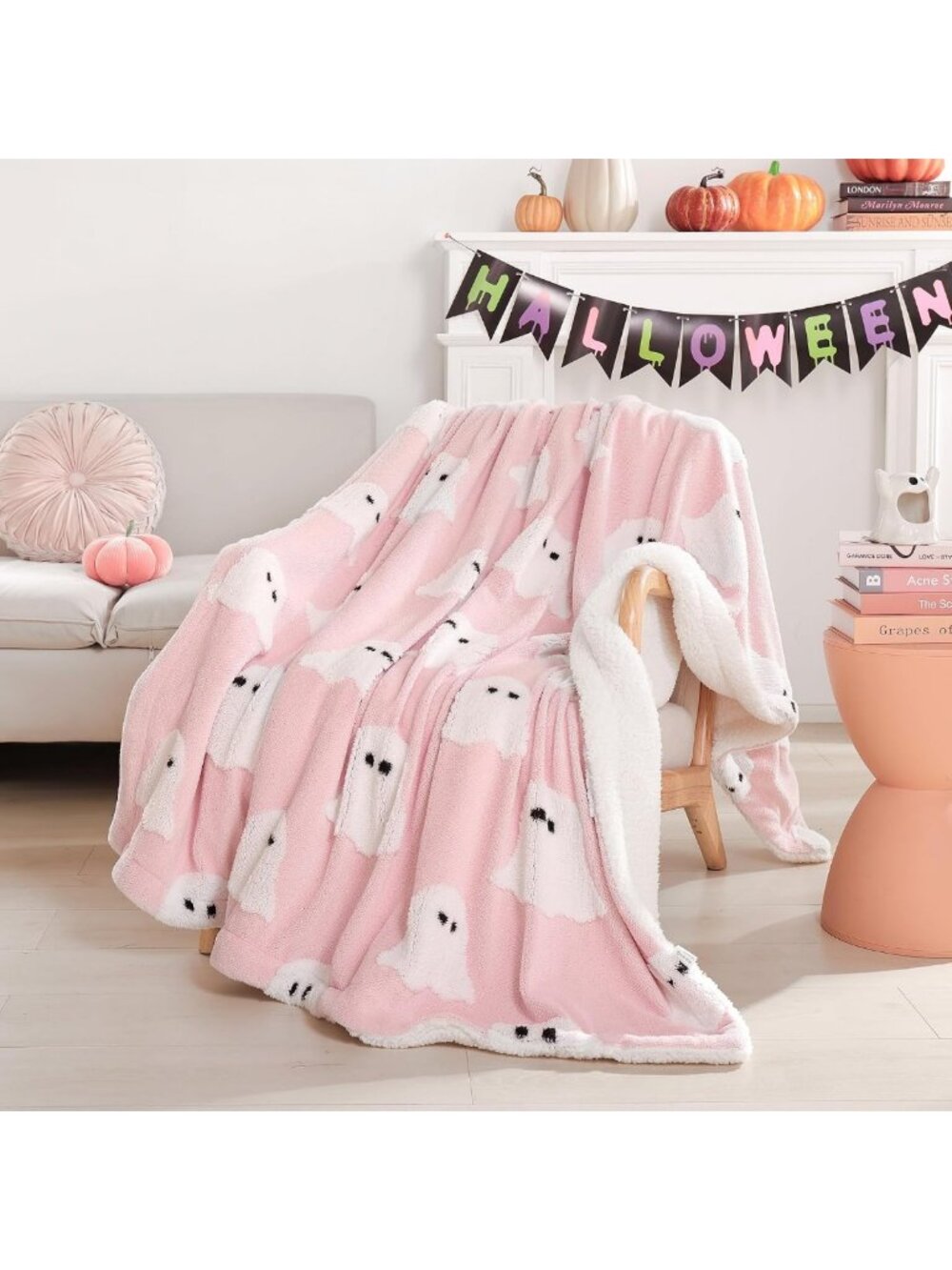 Cozy Pink Ghost Fleece Halloween Blanket, Twin Size 60"x80", Perfect for Fall